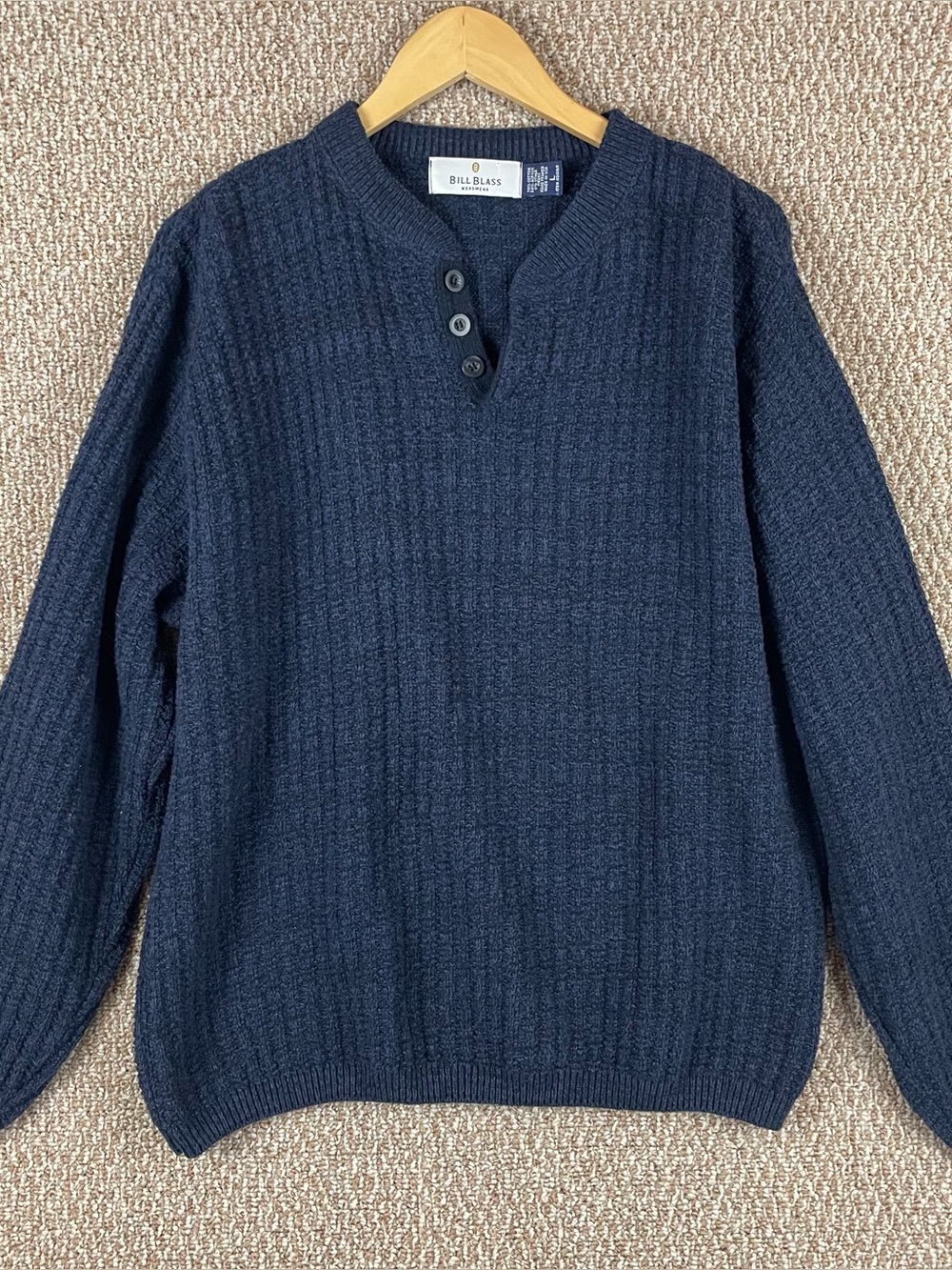 Vintage Bill Blass Henley Sweater Mens L Cotton Fisherman’s Ribbed Knit USA R1